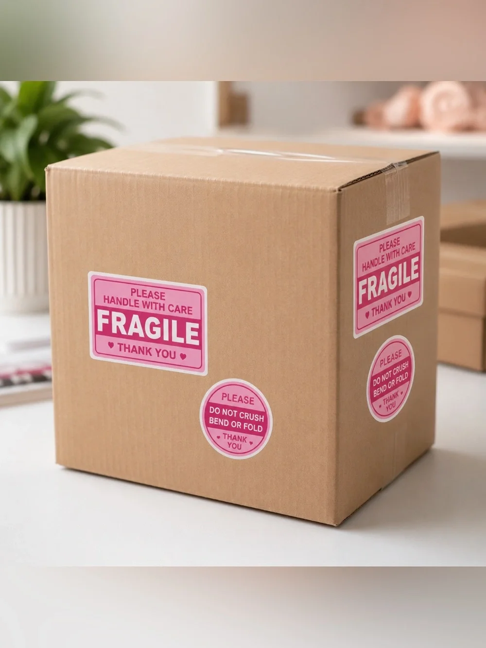120 Fragile Handle With Care Stickers Shipping Package Labels Pink